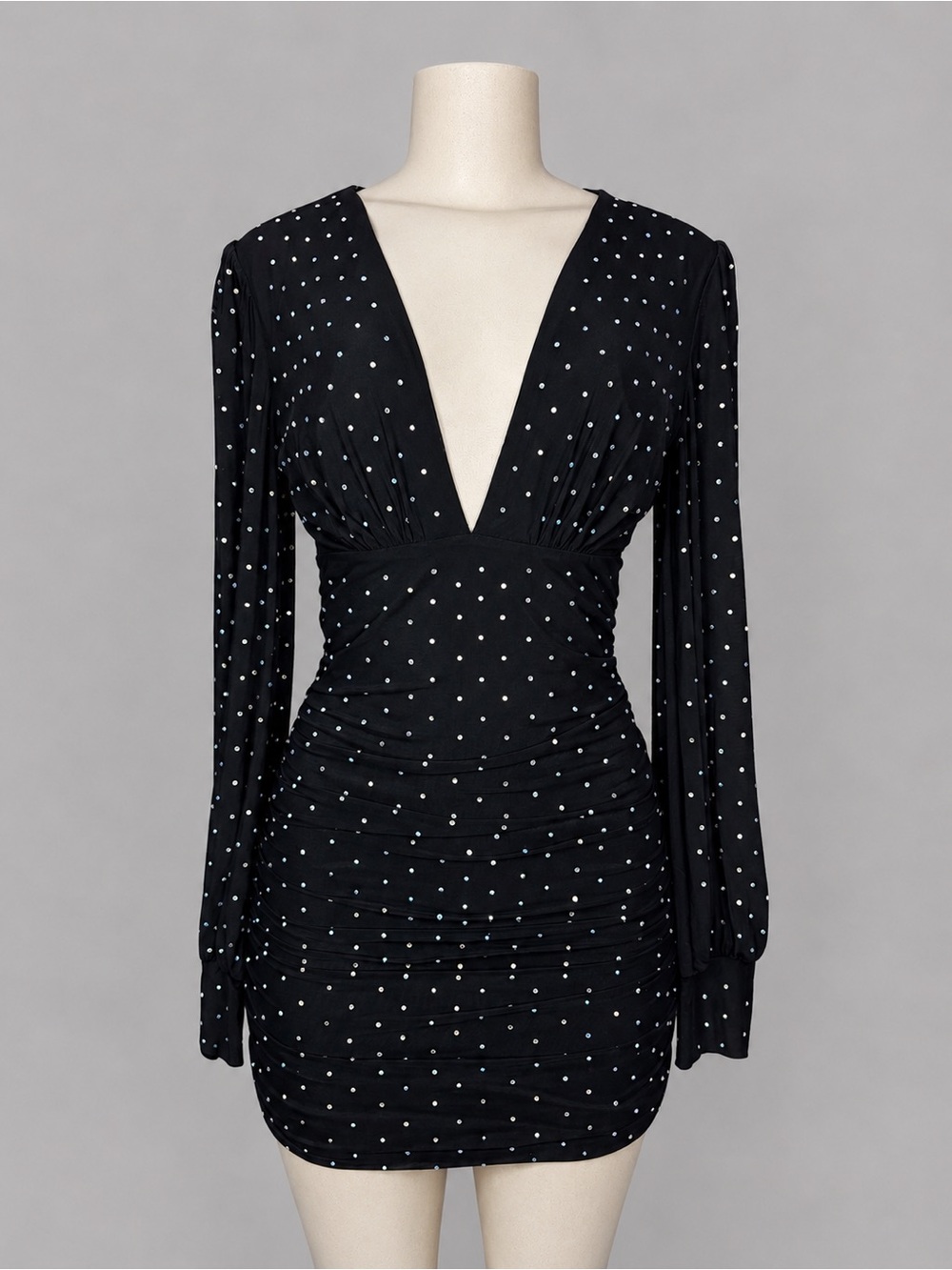 Black Polka Dot Bling Deep V Ruched Mini Dress